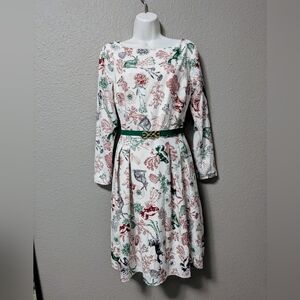 Modcloth Woodland Open Back White Floral Bear Rabbit Long Sleeve Dress Sz. S